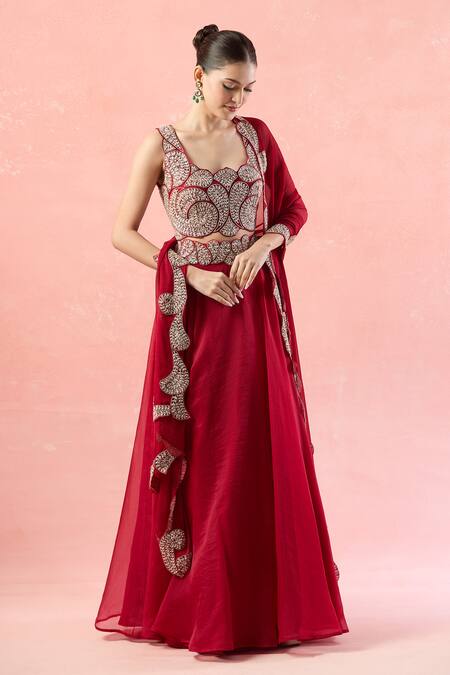Ridhima Bhasin_Red Silk, Chiffon Beads, Pearls, Cut Work Scoop Paisley Embroidered Lehenga Set_at_Aza_Fashions