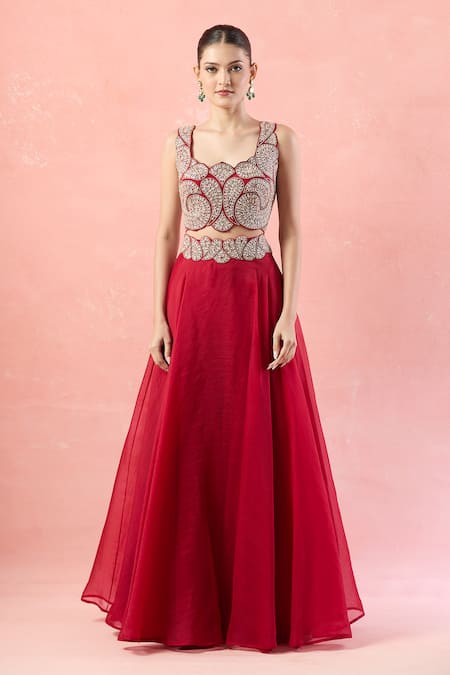 Buy_Ridhima Bhasin_Red Silk, Chiffon Beads, Pearls, Cut Work Scoop Paisley Embroidered Lehenga Set