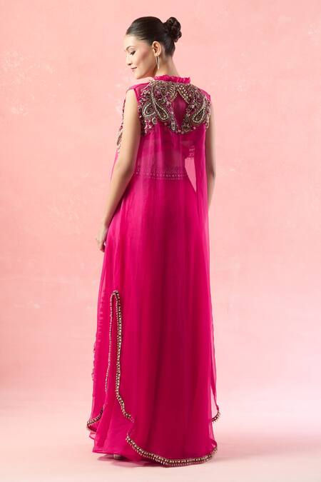 Shop Ridhima Bhasin Pink Silk, Chiffon, Georgette Beads, Sequins, Embroidered Cape And Sharara Set at Aza Fashions Shop_Ridhima Bhasin_Pink Silk, Chiffon, Georgette Beads, Sequins, Embroidered Cape And Sharara Set_at_Aza_Fashions