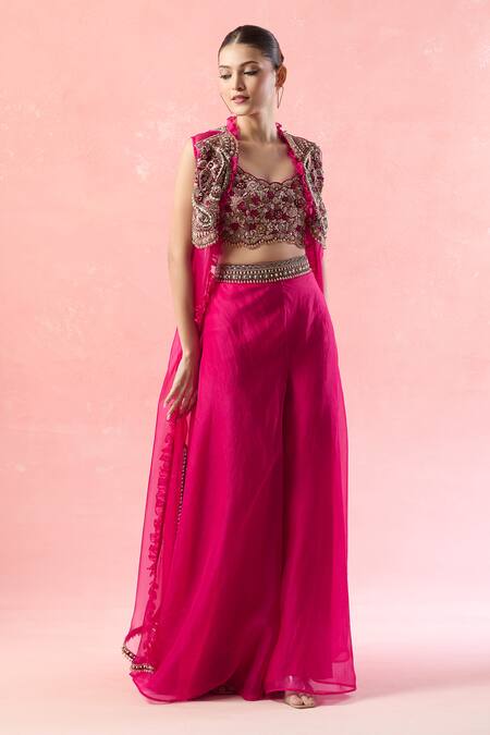 Buy Ridhima Bhasin Pink Silk, Chiffon, Georgette Beads, Sequins, Embroidered Cape And Sharara Set Buy_Ridhima Bhasin_Pink Silk, Chiffon, Georgette Beads, Sequins, Embroidered Cape And Sharara Set