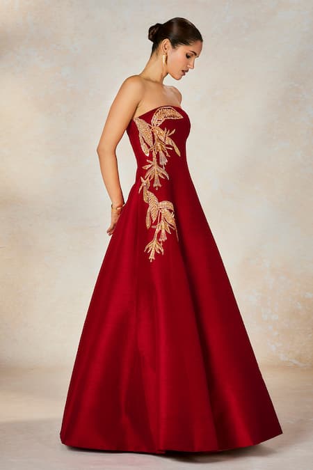 Shop Masaba Red Silk Embroidery Off-shoulder The Paan Pasand Gown Online at Aza Fashions Shop_Masaba_Red Silk Embroidery Off-shoulder The Paan Pasand Gown _Online_at_Aza_Fashions