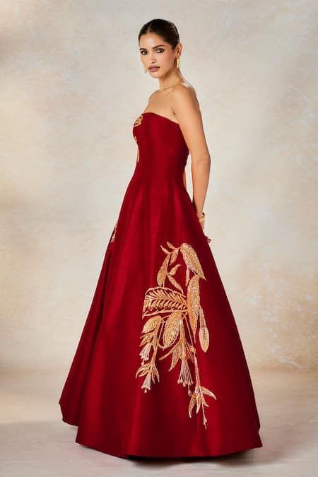 Masaba Red Silk Embroidery Off-shoulder The Paan Pasand Gown at Aza Fashions Masaba_Red Silk Embroidery Off-shoulder The Paan Pasand Gown _at_Aza_Fashions
