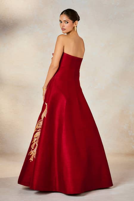 Buy Masaba Red Silk Embroidery Off-shoulder The Paan Pasand Gown Buy_Masaba_Red Silk Embroidery Off-shoulder The Paan Pasand Gown