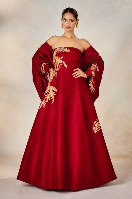 Shop_Masaba_Red Silk, Taffeta Embroidery Square Neck, Open The Paan Pasand Gown With Shrug 