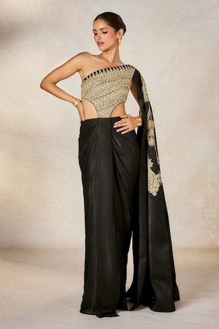 Masaba_Black Velvet, Satin Sequins, Embroidery Asymmetric The Kala Khatta Saree Gown _Online_at_Aza_Fashions