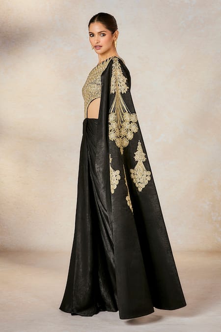 Buy_Masaba_Black Velvet, Satin Sequins, Embroidery Asymmetric The Kala Khatta Saree Gown _Online_at_Aza_Fashions