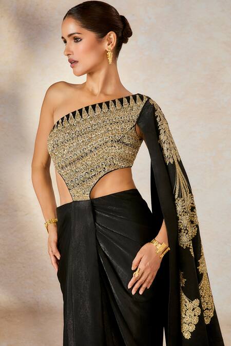 Shop_Masaba_Black Velvet, Satin Sequins, Embroidery Asymmetric The Kala Khatta Saree Gown _Online_at_Aza_Fashions