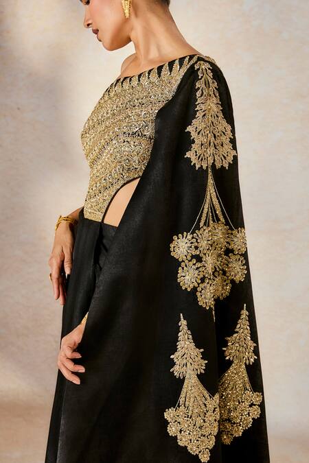 Masaba_Black Velvet, Satin Sequins, Embroidery Asymmetric The Kala Khatta Saree Gown _at_Aza_Fashions