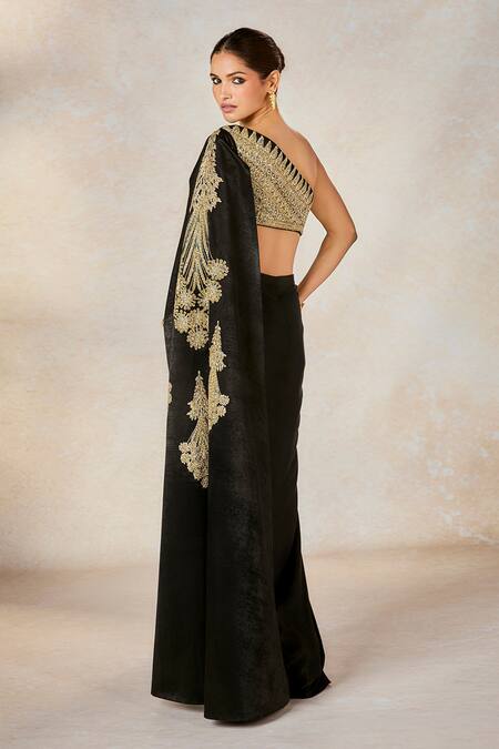 Shop_Masaba_Black Velvet, Satin Sequins, Embroidery Asymmetric The Kala Khatta Saree Gown 