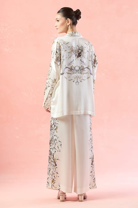 Shop_AK-OK_Off White Printed Botanical Collared Shirt And Pant Set _at_Aza_Fashions