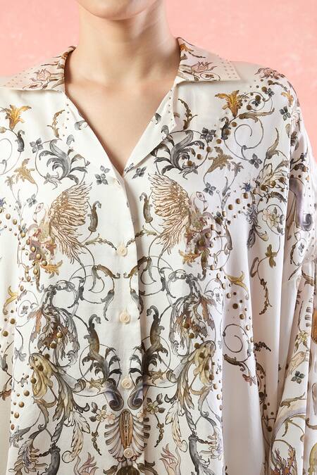 AK-OK_Off White Printed Botanical Collared Shirt And Pant Set _Online_at_Aza_Fashions