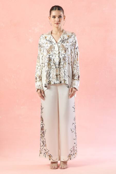 Shop_AK-OK_Off White Printed Botanical Collared Shirt And Pant Set _Online_at_Aza_Fashions
