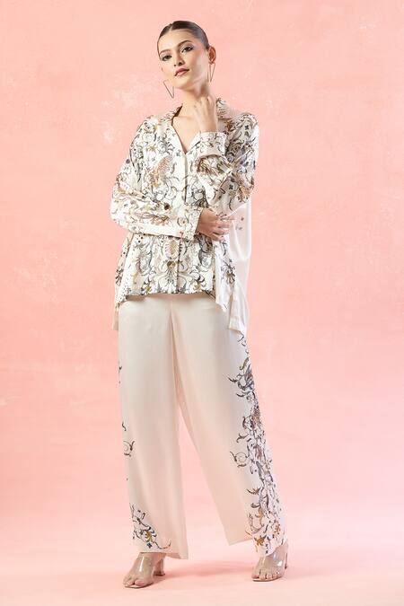 AK-OK_Off White Printed Botanical Collared Shirt And Pant Set _at_Aza_Fashions