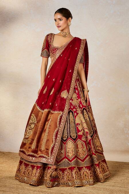Shop_Masaba_Red Silk, Georgette Embroidery, Patchwork The Anar Bagh Bridal Lehenga Set _Online_at_Aza_Fashions