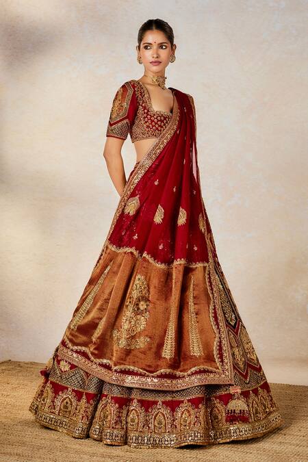 Masaba_Red Silk, Georgette Embroidery, Patchwork The Anar Bagh Bridal Lehenga Set _at_Aza_Fashions