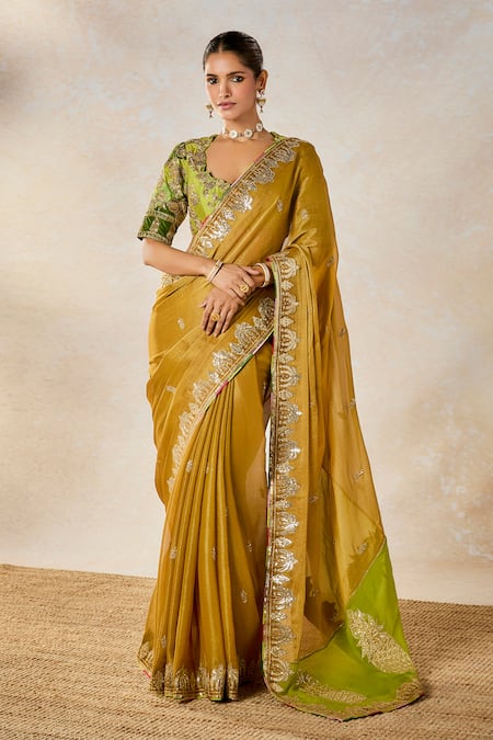Buy_Masaba_Gold Georgette, Silk Organza, Silk, Viscose Son Barfi Saree Set With Dupatta _Online_at_Aza_Fashions