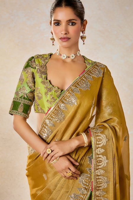 Masaba_Gold Georgette, Silk Organza, Silk, Viscose Son Barfi Saree Set With Dupatta _at_Aza_Fashions
