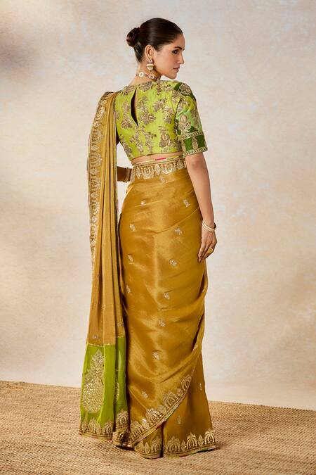 Buy_Masaba_Gold Georgette, Silk Organza, Silk, Viscose Son Barfi Saree Set With Dupatta 