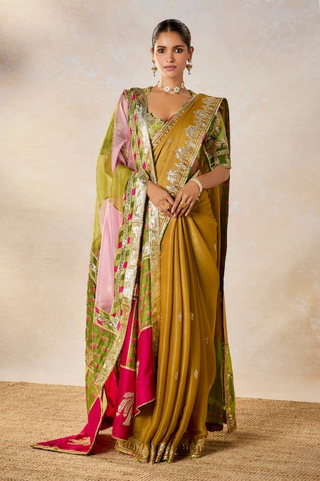 Shop_Masaba_Gold Georgette, Silk Organza, Silk, Viscose Son Barfi Saree Set With Dupatta 