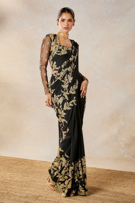 Buy Masaba Black Modal, Tulle Zari, Embroidery Sunheri Bel Stitched Saree Set With Shrug Online at Aza Fashions Buy_Masaba_Black Modal, Tulle Zari, Embroidery Sunheri Bel Stitched Saree Set With Shrug _Online_at_Aza_Fashions