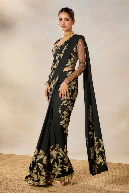 Shop Masaba Black Modal, Tulle Zari, Embroidery Sunheri Bel Stitched Saree Set With Shrug Online at Aza Fashions Shop_Masaba_Black Modal, Tulle Zari, Embroidery Sunheri Bel Stitched Saree Set With Shrug _Online_at_Aza_Fashions