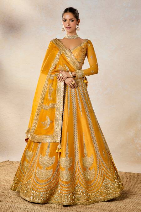 Buy_Masaba_Yellow Silk, Organza Embroidery, Diamonds, Ochre Embellished Bridal Lehenga Set 