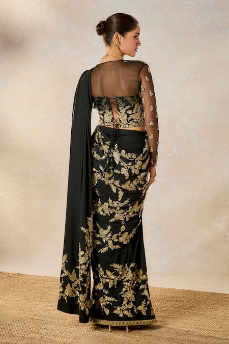 Masaba Black Modal, Tulle Zari, Embroidery Sunheri Bel Stitched Saree Set With Shrug at Aza Fashions Masaba_Black Modal, Tulle Zari, Embroidery Sunheri Bel Stitched Saree Set With Shrug _at_Aza_Fashions