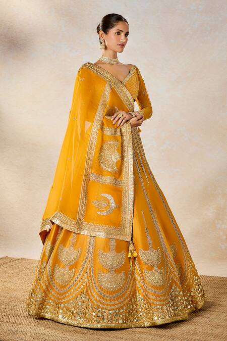 Shop_Masaba_Yellow Silk, Organza Embroidery, Diamonds, Ochre Embellished Bridal Lehenga Set 