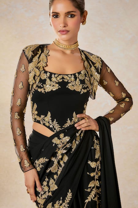 Buy Masaba Black Modal, Tulle Zari, Embroidery Sunheri Bel Stitched Saree Set With Shrug Buy_Masaba_Black Modal, Tulle Zari, Embroidery Sunheri Bel Stitched Saree Set With Shrug