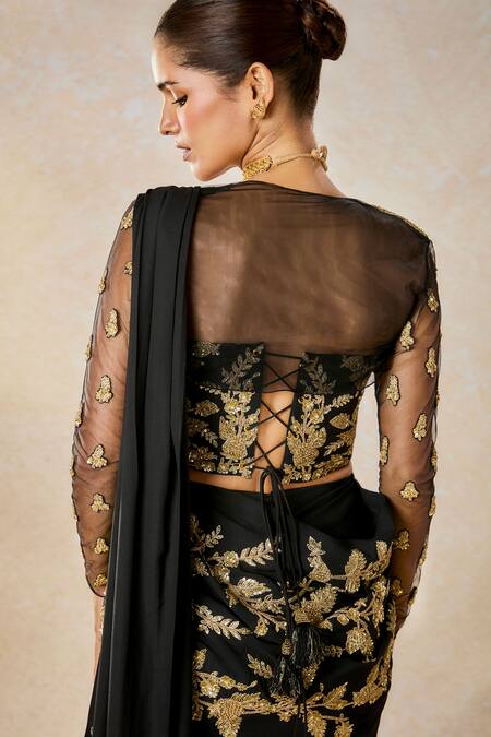 Shop Masaba Black Modal, Tulle Zari, Embroidery Sunheri Bel Stitched Saree Set With Shrug Shop_Masaba_Black Modal, Tulle Zari, Embroidery Sunheri Bel Stitched Saree Set With Shrug