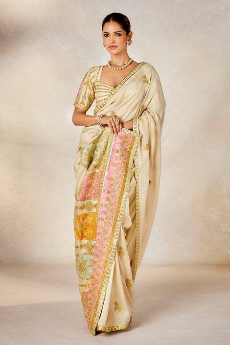 Shop Masaba Beige Silk Embroidery, Patchwork Sweetheart The Bombay Barfi Saree With Blouse Online at Aza Fashions Shop_Masaba_Beige Silk Embroidery, Patchwork Sweetheart The Bombay Barfi Saree With Blouse _Online_at_Aza_Fashions