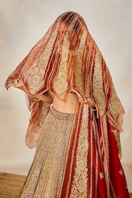 Buy_Masaba_Orange Silk Organza, Hemp, The Khubani Ka Meetha Bridal Lehenga And Veil Set 