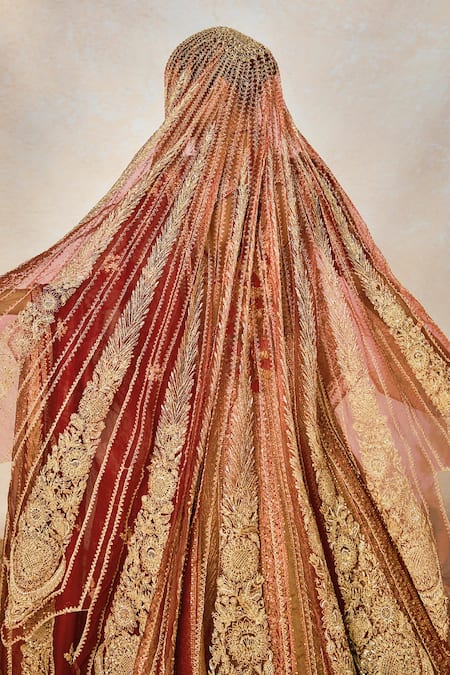Shop_Masaba_Orange Silk Organza, Hemp, The Khubani Ka Meetha Bridal Lehenga And Veil Set 