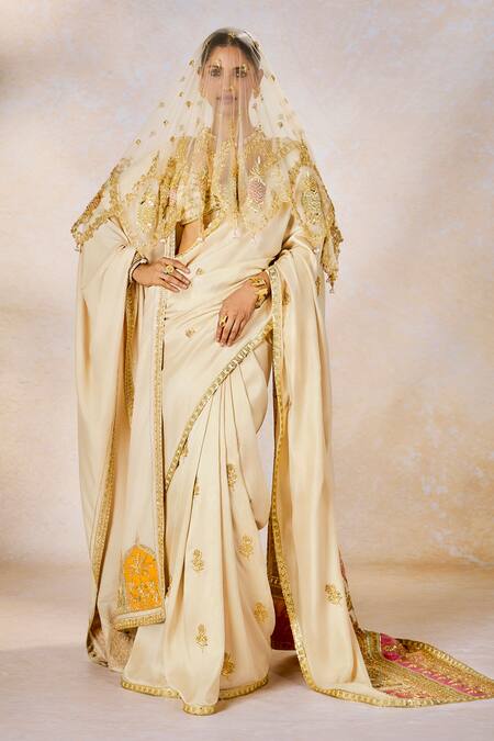 Buy_Masaba_Beige Silk, Tulle Embroidery, Patchwork The Bombay Barfi Saree Set With Veil _Online_at_Aza_Fashions