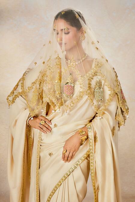Shop_Masaba_Beige Silk, Tulle Embroidery, Patchwork The Bombay Barfi Saree Set With Veil _Online_at_Aza_Fashions