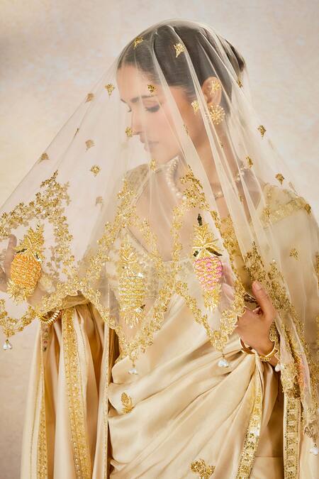Masaba_Beige Silk, Tulle Embroidery, Patchwork The Bombay Barfi Saree Set With Veil _at_Aza_Fashions