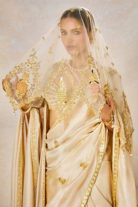 Buy_Masaba_Beige Silk, Tulle Embroidery, Patchwork The Bombay Barfi Saree Set With Veil 