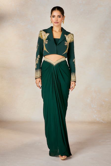 Shop_Masaba_Green Linen, Georgette Embroidery The Paan Petha Cropped Blazer Skirt Set _Online_at_Aza_Fashions