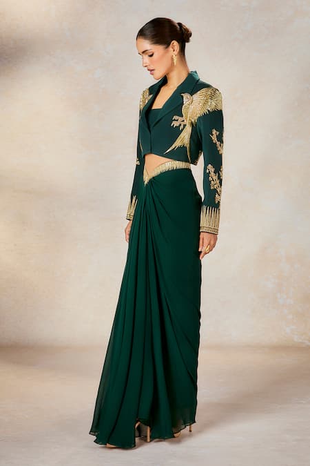 Masaba_Green Linen, Georgette Embroidery The Paan Petha Cropped Blazer Skirt Set _at_Aza_Fashions