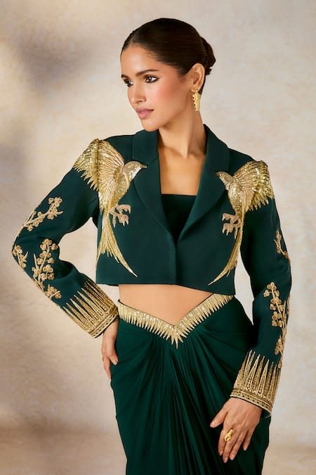 Buy_Masaba_Green Linen, Georgette Embroidery The Paan Petha Cropped Blazer Skirt Set 