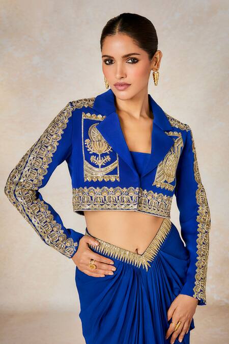 Buy Masaba Blue Linen, Georgette Embroidery The Saanjh Baug Blazer Skirt Set Buy_Masaba_Blue Linen, Georgette Embroidery The Saanjh Baug Blazer Skirt Set