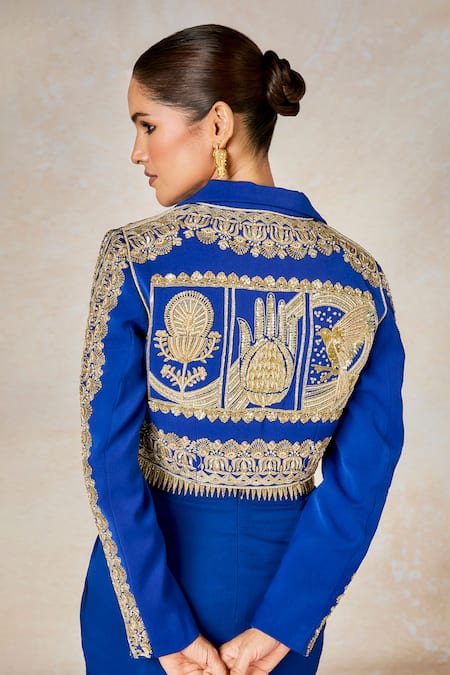 Shop Masaba Blue Linen, Georgette Embroidery The Saanjh Baug Blazer Skirt Set Shop_Masaba_Blue Linen, Georgette Embroidery The Saanjh Baug Blazer Skirt Set