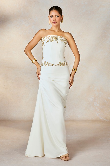 Masaba_Ivory Crepe Cut Work, Sequins, Metallic Thread, The Thandai Corset And Skirt Set _Online_at_Aza_Fashions