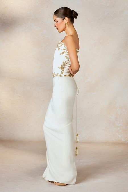 Shop_Masaba_Ivory Crepe Cut Work, Sequins, Metallic Thread, The Thandai Corset And Skirt Set _Online_at_Aza_Fashions