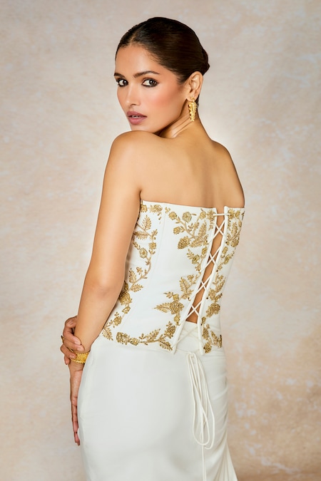 Shop_Masaba_Ivory Crepe Cut Work, Sequins, Metallic Thread, The Thandai Corset And Skirt Set 