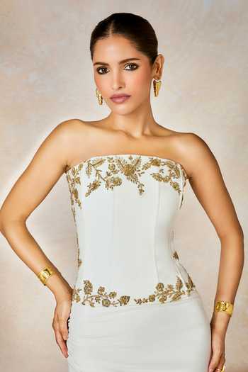 Shop Masaba Ivory Crepe Cut Work, Sequins, Metallic Thread, The Thandai Corset And Skirt Set Shop_Masaba_Ivory Crepe Cut Work, Sequins, Metallic Thread, The Thandai Corset And Skirt Set