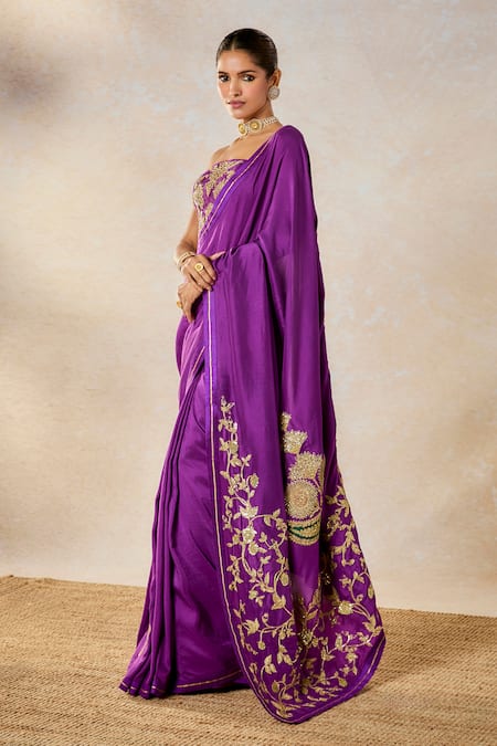 Masaba_Purple Silk Embroidery, Patchwork, Sequins Square Jamun Fizz Saree With Corset _Online_at_Aza_Fashions