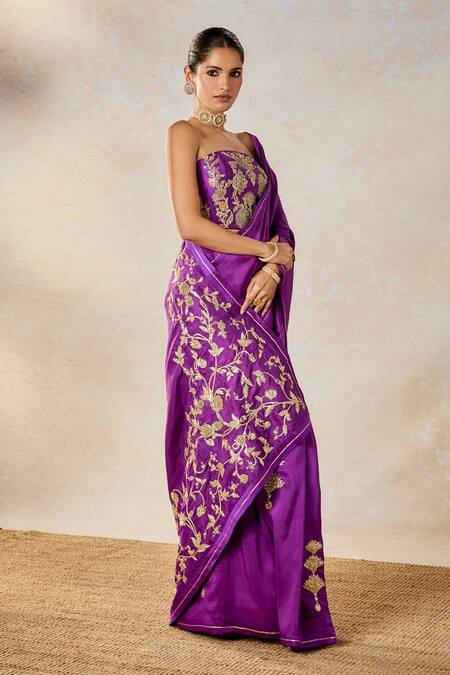 Buy_Masaba_Purple Silk Embroidery, Patchwork, Sequins Square Jamun Fizz Saree With Corset _Online_at_Aza_Fashions