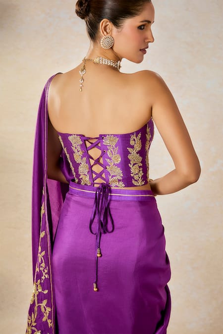 Shop_Masaba_Purple Silk Embroidery, Patchwork, Sequins Square Jamun Fizz Saree With Corset _Online_at_Aza_Fashions
