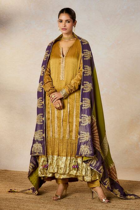 Shop_Masaba_Gold Crepe, Georgette, Tissue Beads, The Son Barfi Anarkali And Salwar Set _Online_at_Aza_Fashions
